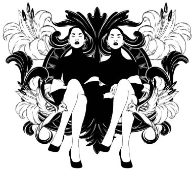 Vektör el çizilmiş Illustration ile çerçeve ve çiçekler izole Bayan.