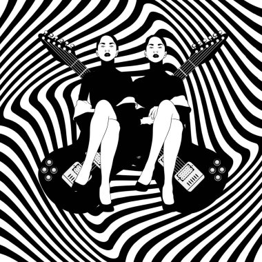 Vektör el çizim gitar ile oturan bayanlar izole Illustration.
