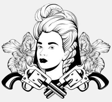 Vektör el silah ve çiçekler izole ile güzel kadın illüstrasyon çizilmiş.