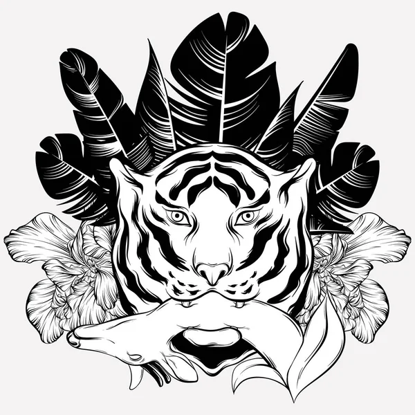Vector ilustración dibujada a mano de tigre con ciervos y plantas aisladas . — Archivo Imágenes Vectoriales