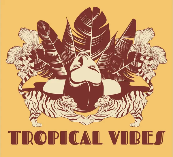 Vibrazioni tropicali. Illustrazione disegnata a mano vettoriale di bella donna con foglie di palma, fiori, tigri isolate . — Vettoriale Stock