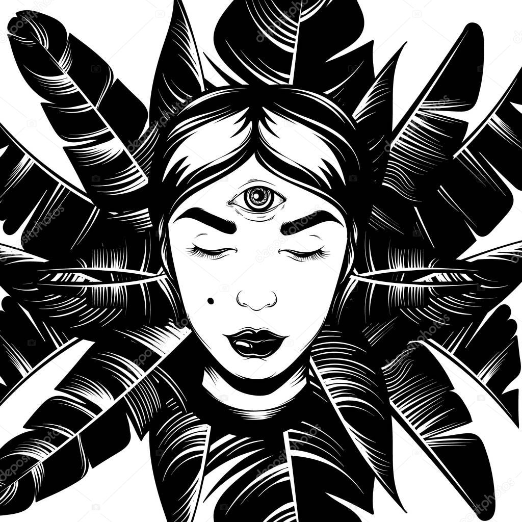 Vector hand drawn illustration of fortune teller with palm leaves .
