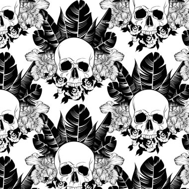 Vektör pettern palmiye yaprakları, çiçekler ve tüyleri ile insan kafatası elle çizilmiş illüstrasyon ile .