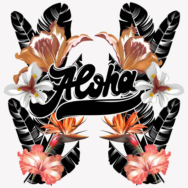 Aloha. Letras desenhadas à mão vetorial com ilustração de flores e folhas de palma isoladas . — Vetor de Stock