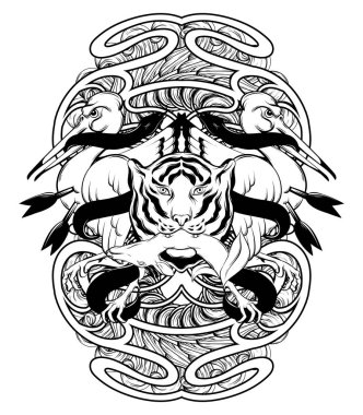 Vektör el kuş ısırma yılan izole illüstrasyon çizilmiş. Yaratıcı dövme sanat.