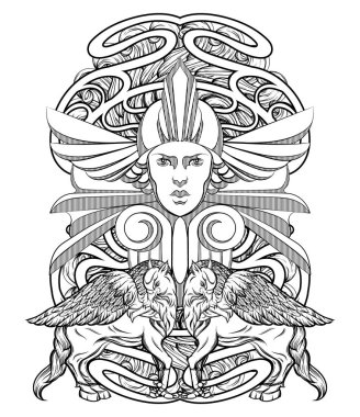 Vector hand drawn illustration of woman with hippogryph isolated. clipart
