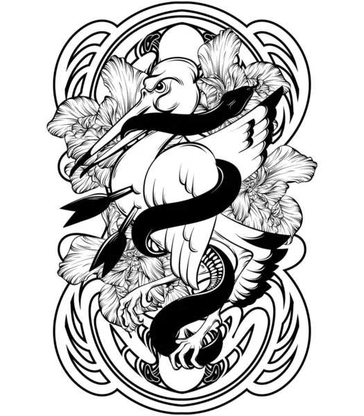 Vector hand drawn illustration of bird biting snake isolated. Creative tattoo artwork. — Stock Vector