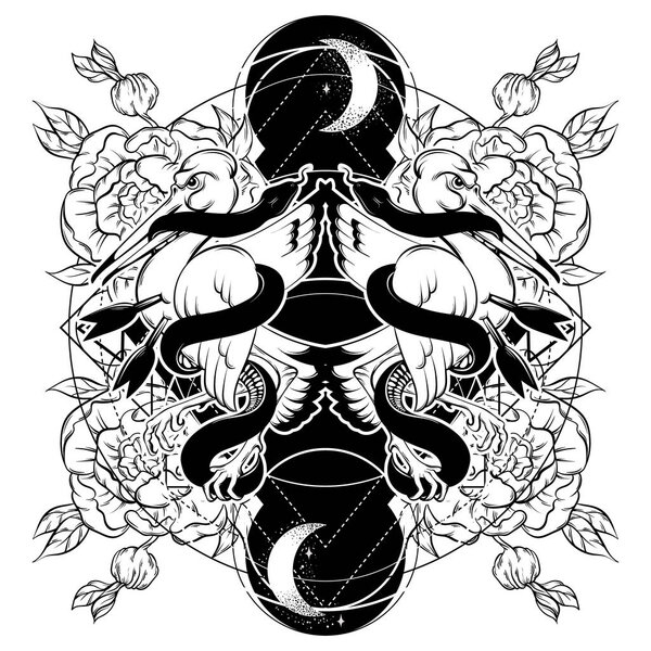 Векторная ручная иллюстрация изолированной змеи, кусающей птицу. Творческие татуировки
.