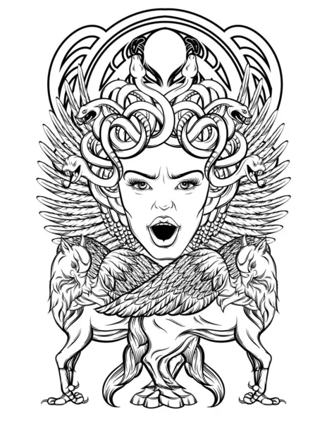 Illustration vectorielle dessinée à la main de Medusa Gorgon avec hippogryphe isolé . — Image vectorielle