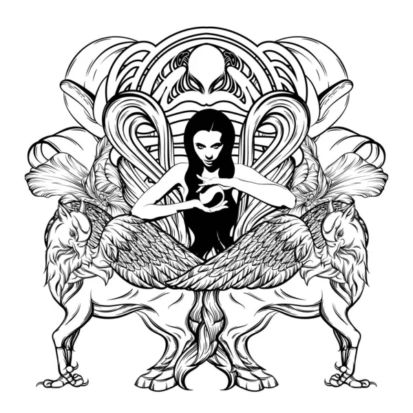 ●カバグリフを隔離した可愛い魔女のベクトル手描きイラスト。シュールなタトゥーアートワーク. — ストックベクタ