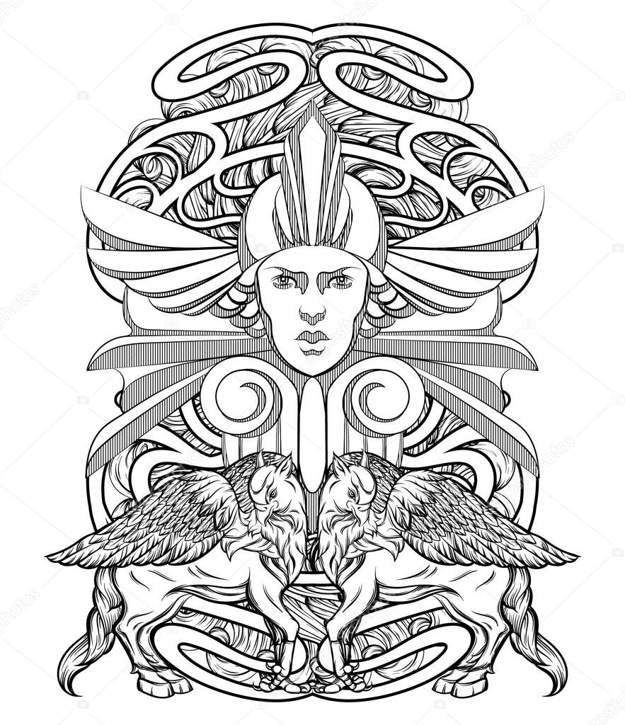 Vector hand drawn illustration of woman with hippogryph isolated.