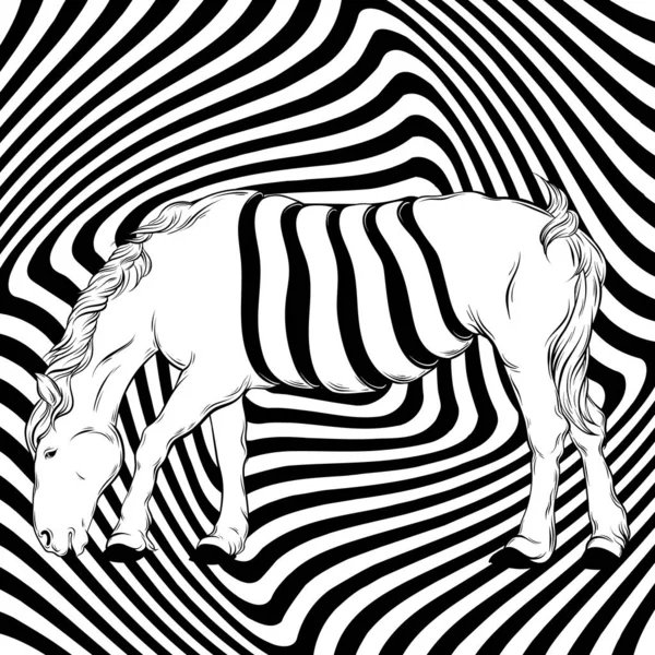 Illustration vectorielle dessinée à la main du cheval surréaliste avec illusion d'optique . — Image vectorielle