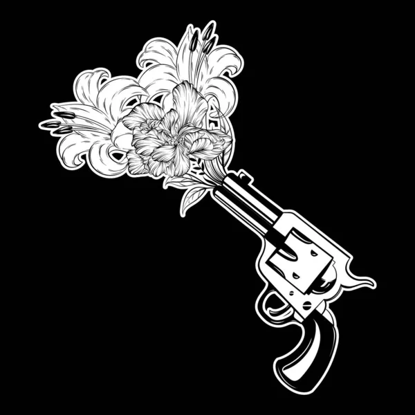 Vector hand drawn illustration of gun with flowers isolated. Surreal tattoo artwork. — Stock Vector