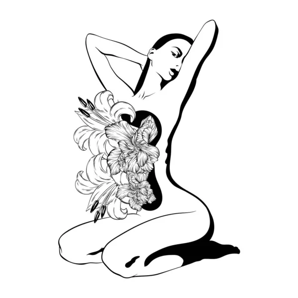 Ilustración dibujada a mano vectorial de chica flaca con flores aisladas. Tatuaje creativo . — Archivo Imágenes Vectoriales