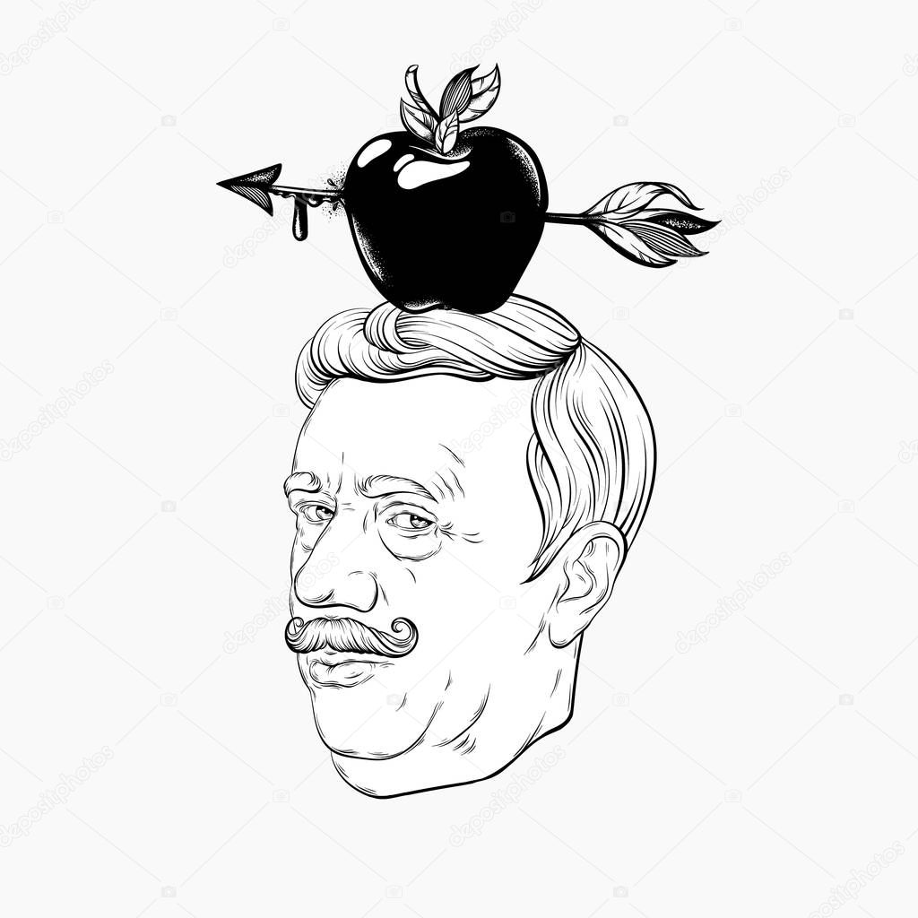 Vector hand drawn illustration of old man with moustache and apple with arrow isolated.