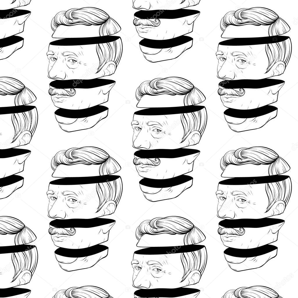 Vector pattern with hand drawn illustration of old man with moustache isolated. Template for card, poster. banner, print for t-shirt, pin, badge, patch.