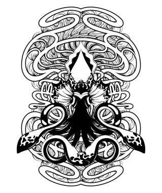 Vektör el yalıtılmış kalamar illüstrasyon çizilmiş. Yaratıcı dövme sanat.