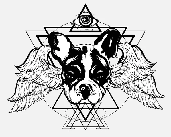 Ilustración dibujada a mano vectorial del bulldog con alas y todos los ojos videntes aislados . — Archivo Imágenes Vectoriales