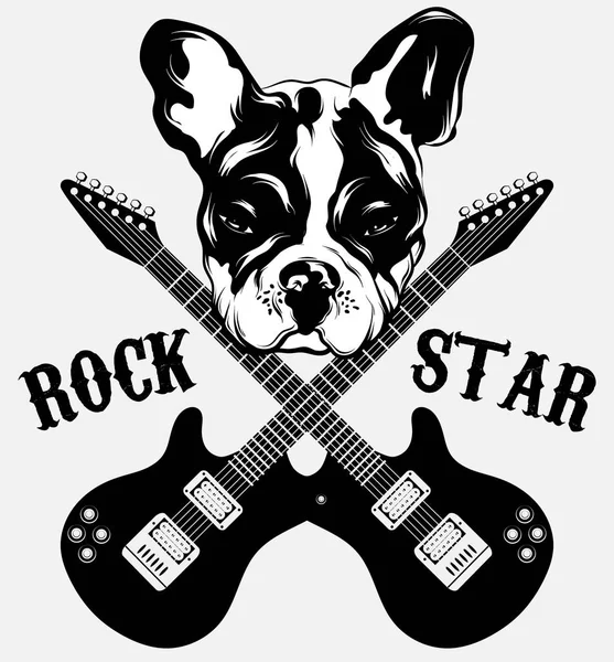 Rock yıldızı. Vektör el gitar ile bulldog çizilmiş illüstrasyon . Yaratıcı dövme artwrok.