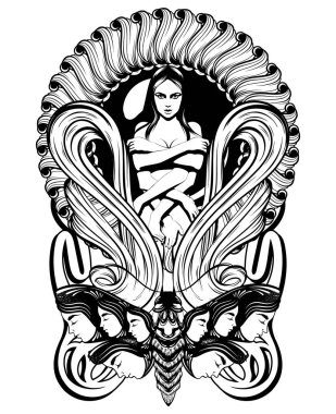 Birçok elleri izole ile utangaç kız Vektör el çizilmiş illüstrasyon.