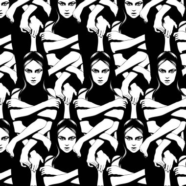 Birçok elleri izole ile utangaç kız elle çizilmiş illüstrasyon ile Vektör desen.