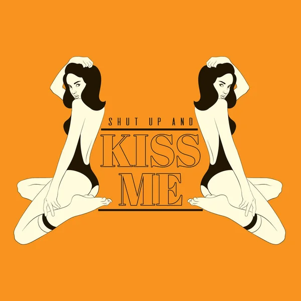 Kiss me. Vector hand drawn illustration of pretty girls in knee socks and swimsuit isolated.