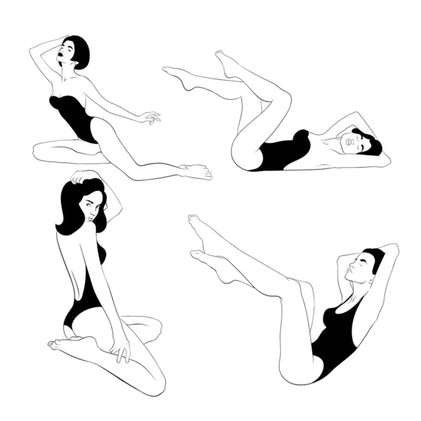 Wektor ręcznie rysowane ilustracji dziewcząt w stroje kąpielowe na białym tle. — Wektor stockowy