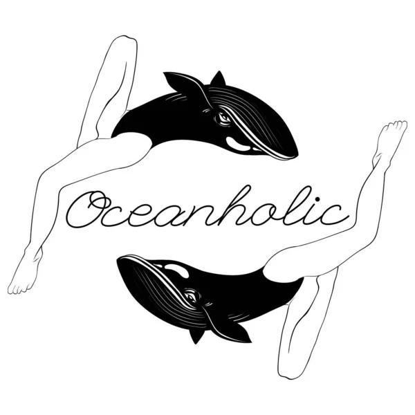 Océanique. Illustration vectorielle dessinée à la main de baleine aux jambes humaines isolées . — Image vectorielle