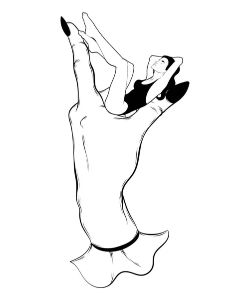 Illustrazione disegnata a mano vettoriale di ragazza in costume da bagno sulla mano umana isolata . — Vettoriale Stock