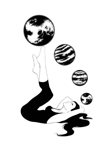 Vetor mão desenhada ilustração de menina com planetas isolados . — Vetor de Stock