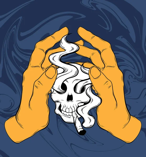 Illustration vectorielle dessinée à la main du crâne humain avec cigarette isolée . — Image vectorielle