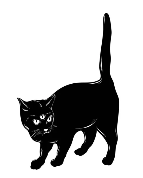 Illustrazione disegnata a mano vettoriale del gatto con tre occhi isolati . — Vettoriale Stock