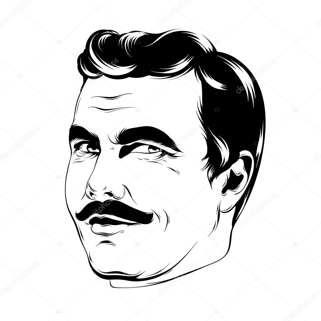 Vector hand drawn illustration of man with moustache isolated.