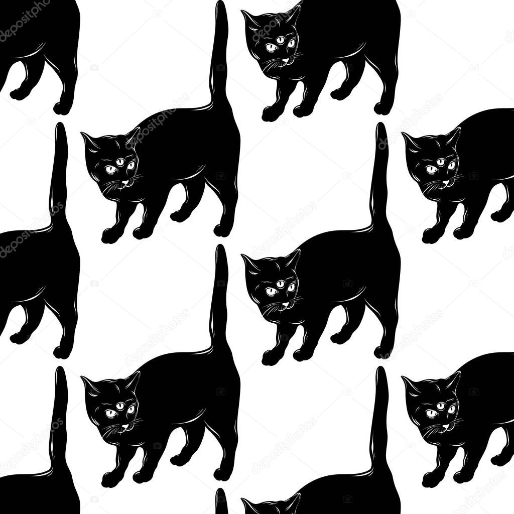 Vector pattern with hand drawn illustration of cat with three eyes.