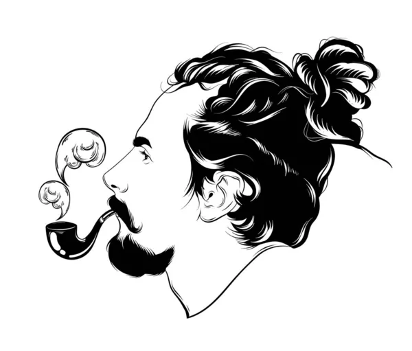 Vector hand getekende illustratie van de mens met dreadlocks, rookpijp en baard geïsoleerd. — Stockvector
