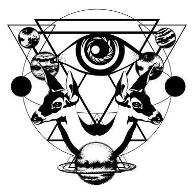 Gezegenler izole edilmiş yavru geyiklerin vektör eliyle çizilmiş. Yaratıcı dövme çizimleri. Kart, poster, afiş, tişört, rozet, yama için baskı şablonu.