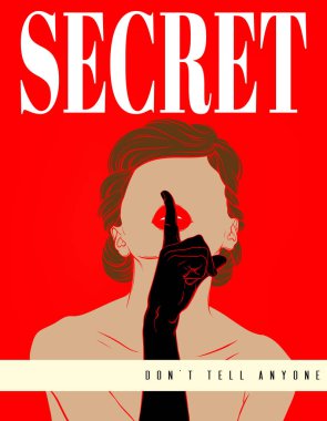 Vektör el çizimi, kızın işaret parmağını ağızdan izole bir şekilde tuttuğunu gösteriyor. Yaratıcı sanat eseri. Kart, poster, afiş, tişört, rozet, yama için baskı şablonu.