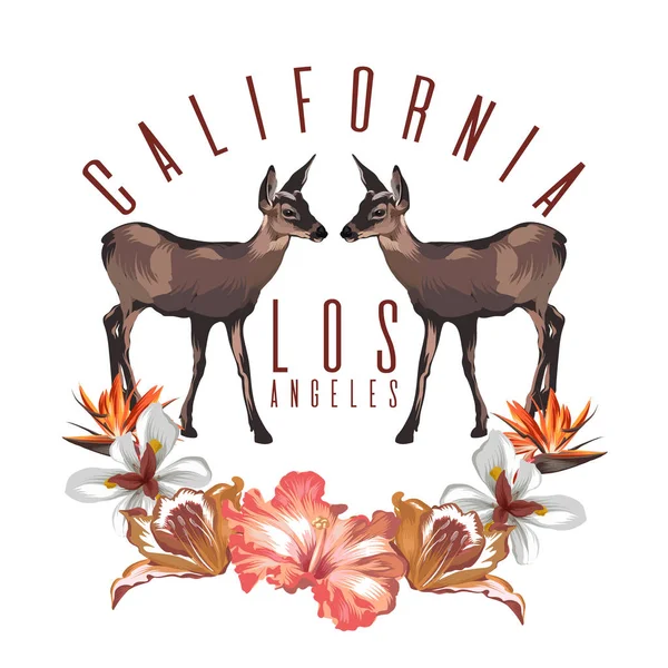 有热带花朵隔离的小鹿的矢量手绘图解 创意纹身艺术品 T恤衫印模 贴片模版 — 图库矢量图片