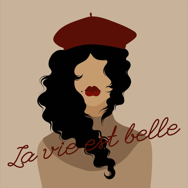 La vie est belle. Vector hand drawn illustration of frenchwoman in beret isolated.  Creative artwork. Template for card, poster, banner, print for t-shirt, pin, badge, patch.