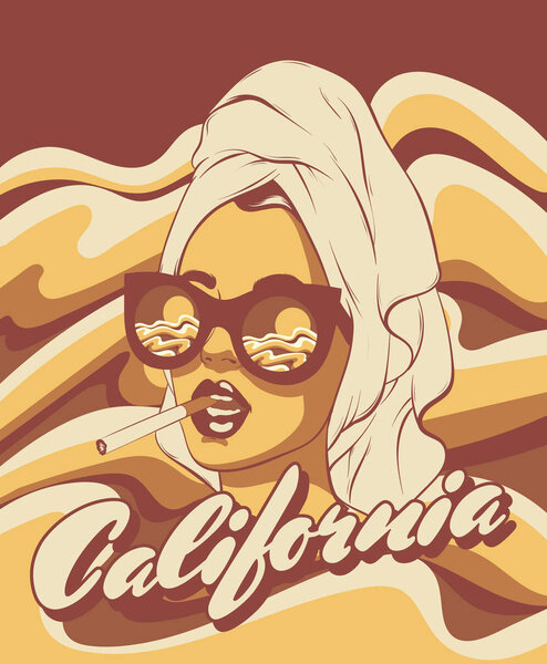 California. Vector hand drawn illustration of smoking girl in sunglasses and cigarette. Creative artwork. Template for card, poster, banner, print for t-shirt, pin, badge, patch.