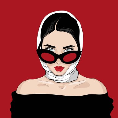 Şallı ve gözlüklü kızın vektör el çizimi. Yaratıcı sanat eserleri. Kart, poster, afiş, tişört, rozet, yama için baskı şablonu.