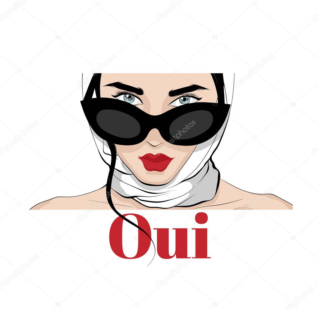 Oui. Vector hand drawn illustration of  girl in shawl and glasses . Creative artwork. Template for card, poster, banner, print for t-shirt, pin, badge, patch.