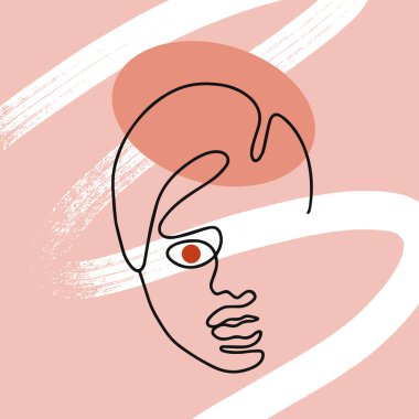 Dokulu elementleri olan bir kadın figürü çizilmiş. Soyut şekilli kesintisiz çizgi çizimleri. Kart, poster, afiş, tişört, rozet, yama için baskı şablonu.