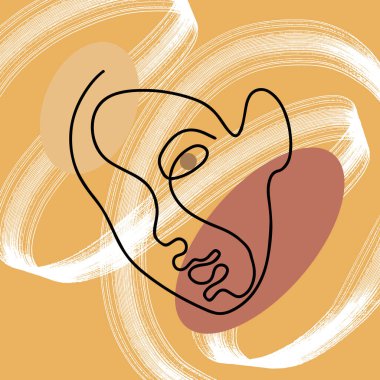 Dokulu elementleri olan bir kadın figürü çizilmiş. Soyut şekilli kesintisiz çizgi çizimleri. Kart, poster, afiş, tişört, rozet, yama için baskı şablonu.