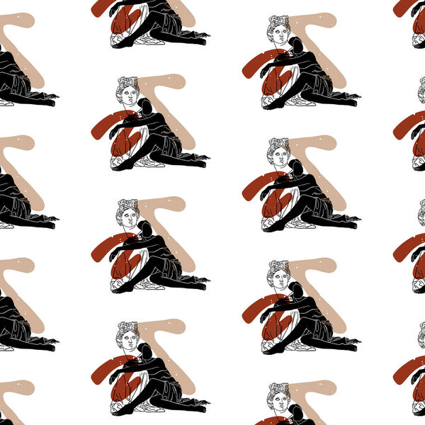 Vector pattern with hand drawn flat  illustration of woman with drapery and antique head of Apollo with abstract shapes.  Template for card, poster, banner, print for t-shirt, pin, badge, patch.