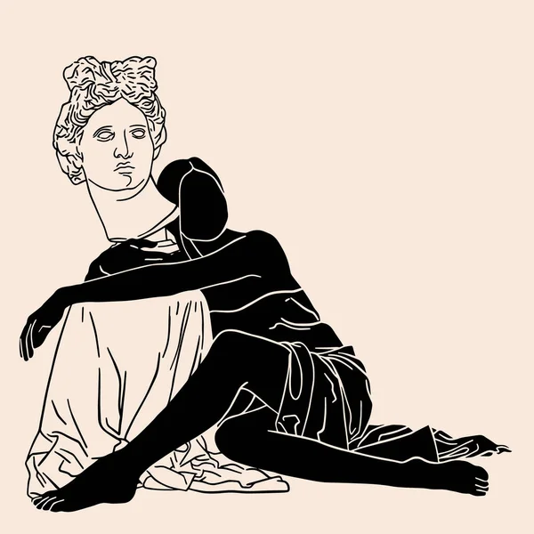 Векторная Ручная Рисованная Плоская Иллюстрация Женщины Драпировкой Антикварной Головой Аполлона — стоковый вектор