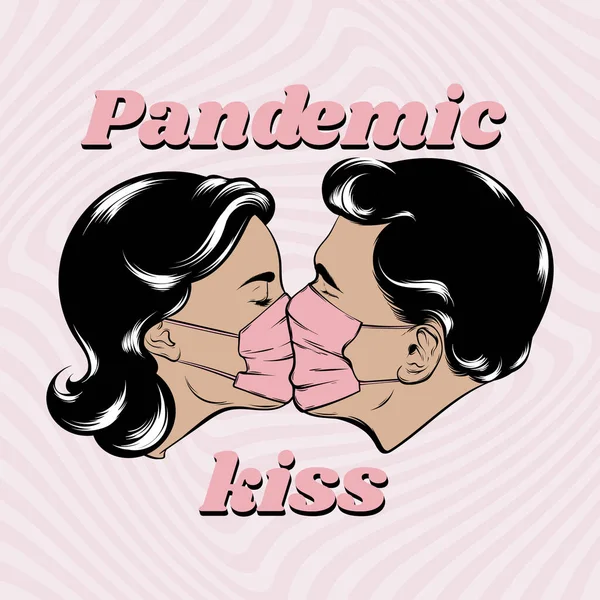 Pandemic kiss. Vector hand drawn illustration of kissing couple isolated. Creative artwork. Template for card, poster, banner, print for t-shirt, pin, badge, patch.