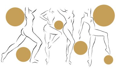 İzole edilmiş kızlar ve çemberlerle çizilmiş vektör el çizimi. Yaratıcı sanat eserleri. Kart, poster, afiş, tişört, rozet, yama için baskı şablonu.