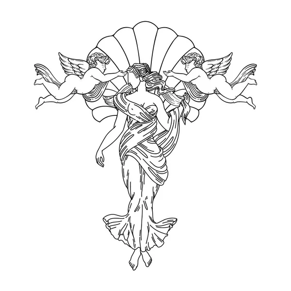 Illustration Vectorielle Dessinée Main Femme Avec Profil Grec Cupides Coquille — Image vectorielle