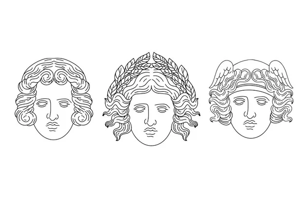 矢量一组手绘的古代女神像图解与头盔 月桂树早午餐孤立 创意纹身艺术品 T恤衫印模 贴片模版 — 图库矢量图片